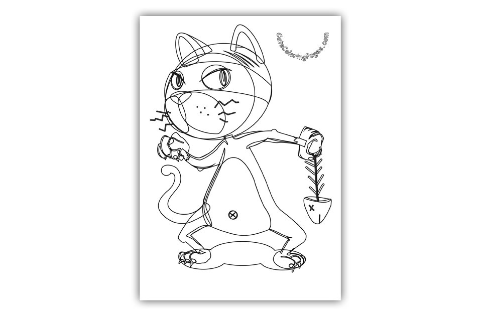 Cat with Fish Bone Coloring Page