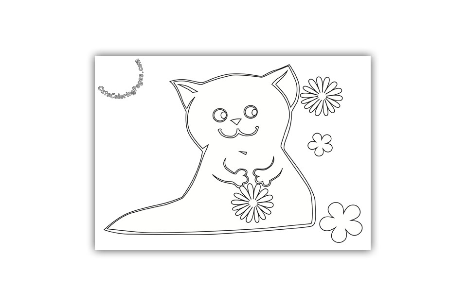 Happy Kitten with Flower Coloring Page