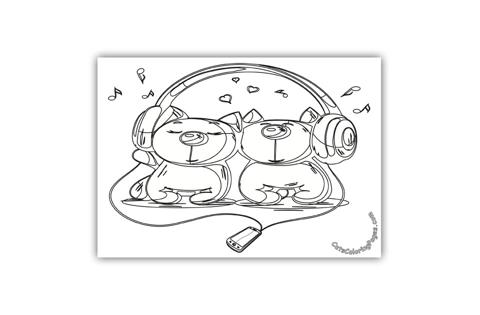 Kittens Listening to Music Coloring Page - Cats Coloring Pages