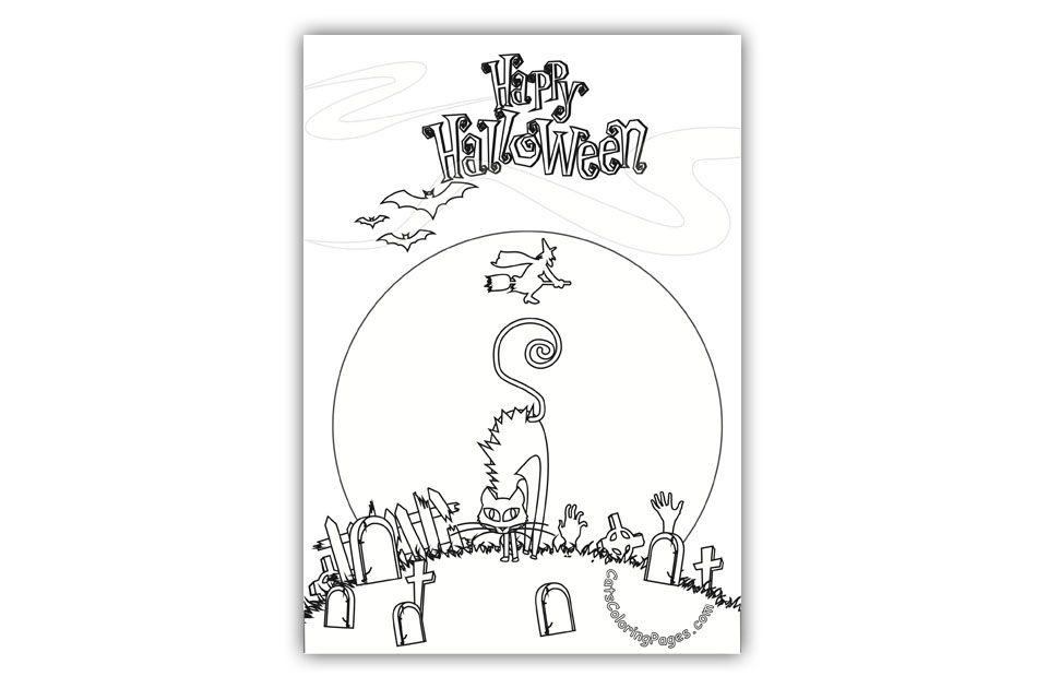 Happy Halloween Cat Card Coloring Page
