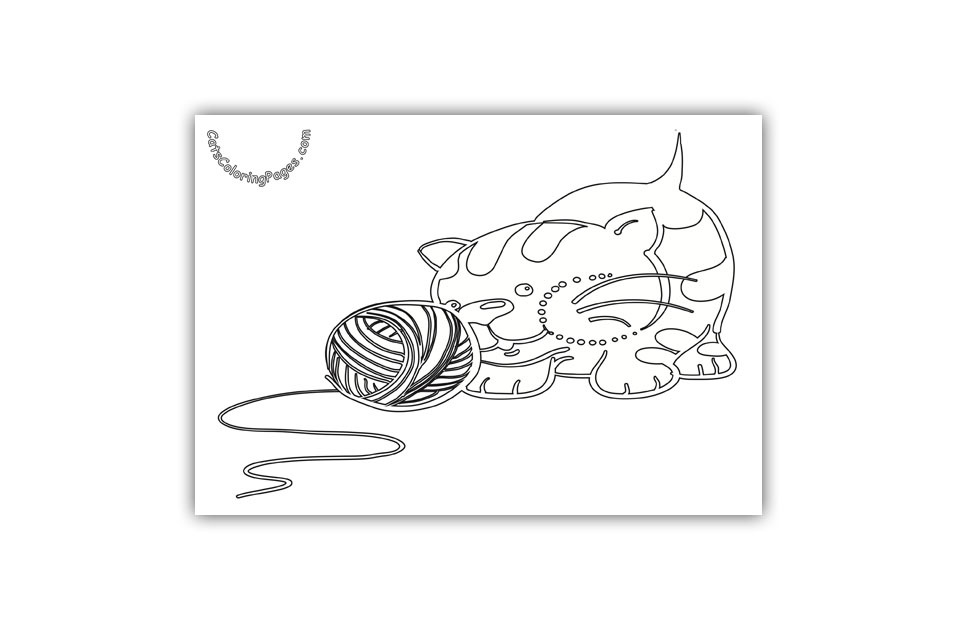 Kitten with Green Wool Ball Coloring Page