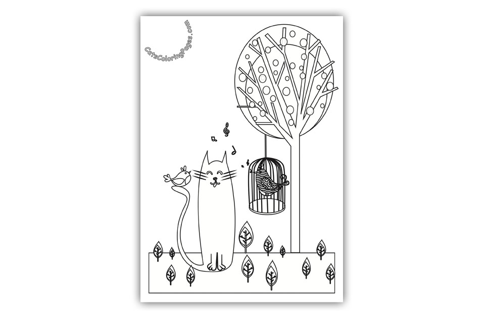 Black Cat with Singing Birds Coloring Page