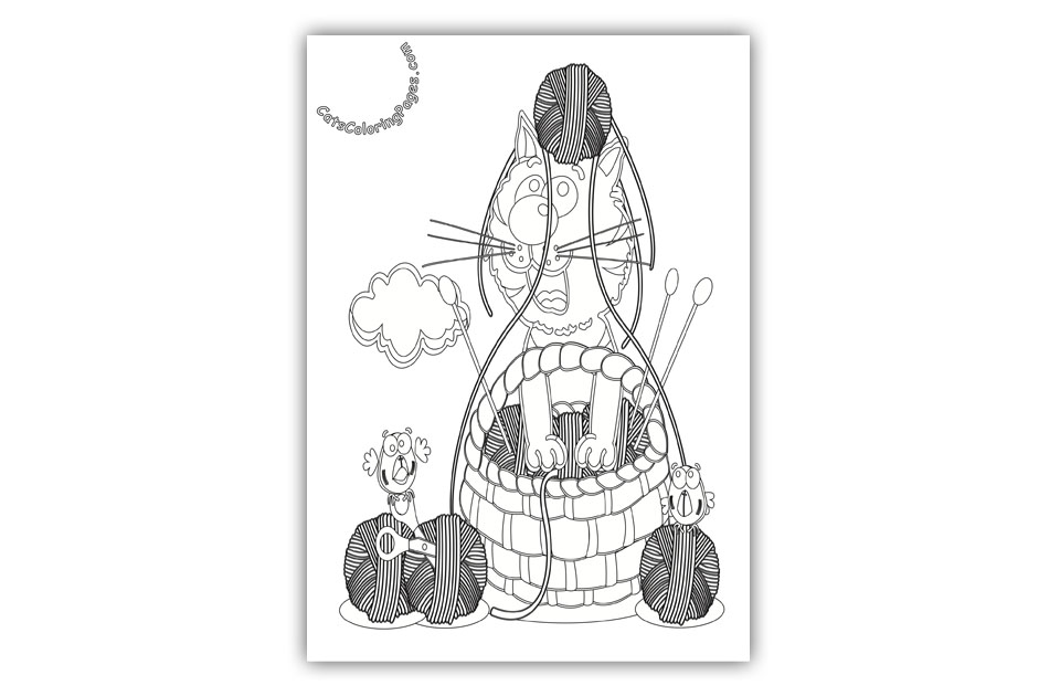 Cat Playing with Ball of Wool Coloring Page