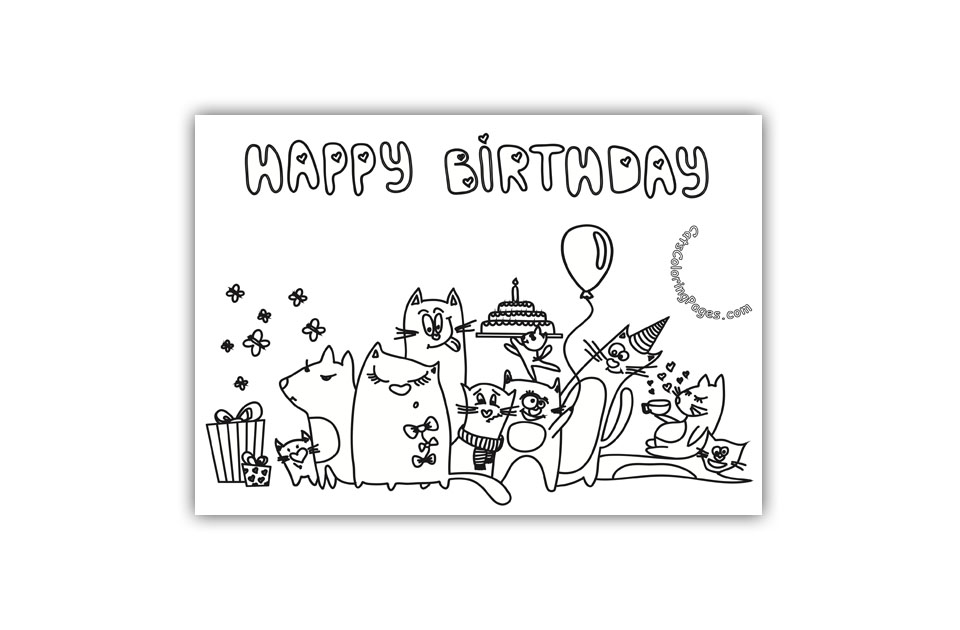 Cat Happy Birthday Card Coloring Page