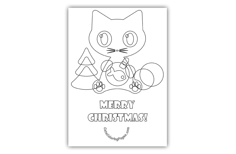 Merry Christmas Cat Card Coloring Page