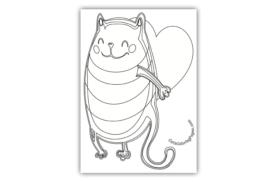 Cat with Big Heart Coloring Page
