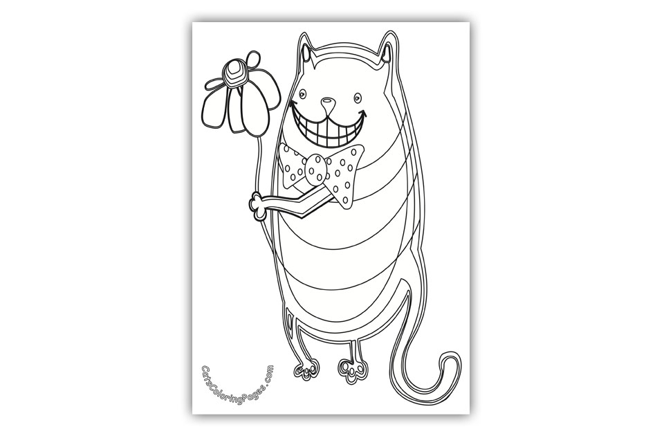 Cat with Flower Coloring Page