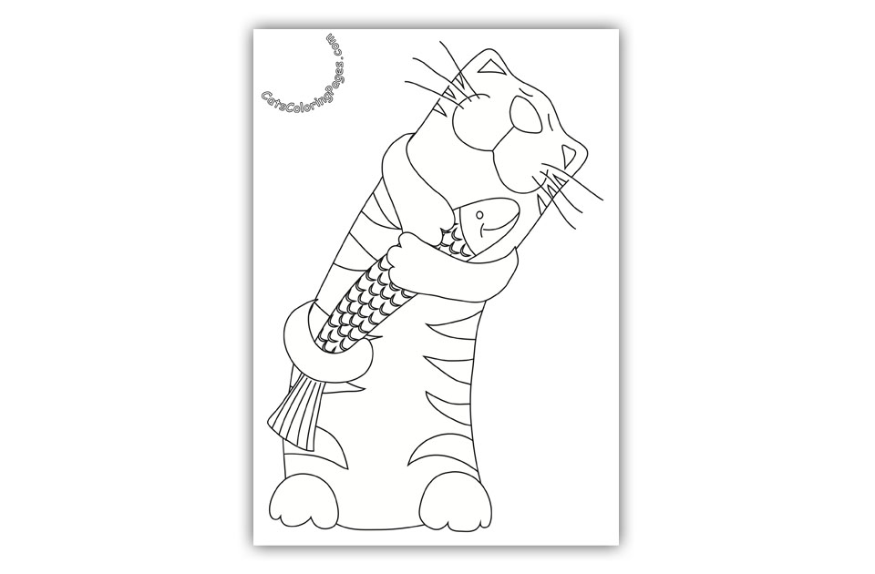 Cat with Fish Coloring Page