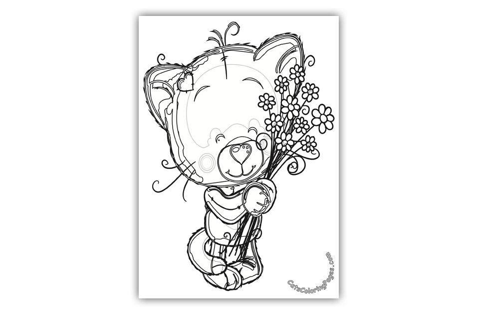 Cute Kitten with Flowers Coloring Page - Cats Coloring Pages