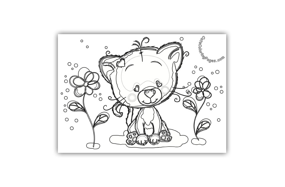 Cute Kitten in The Garden Coloring Page