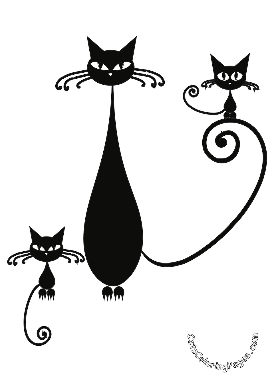 Black Cat with Two Kittens Colored Coloring Page