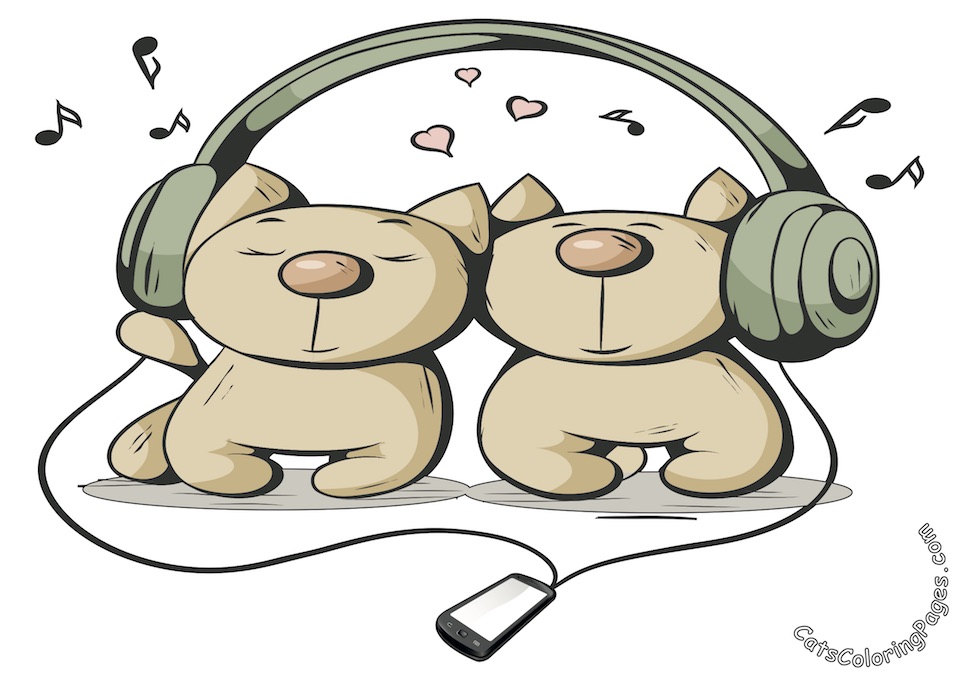 Kittens Listening to Music Colored Coloring Page
