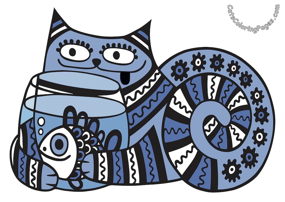 Cat with Fishbowl Colored Coloring Page
