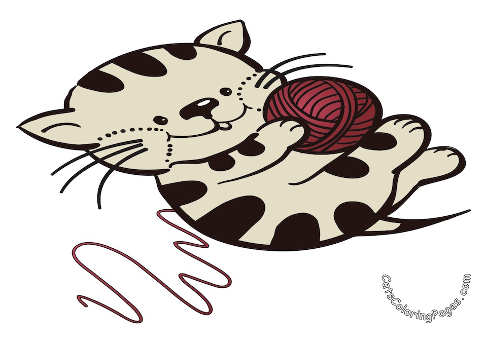 Kitten with Red Wool Ball Colored Coloring Page