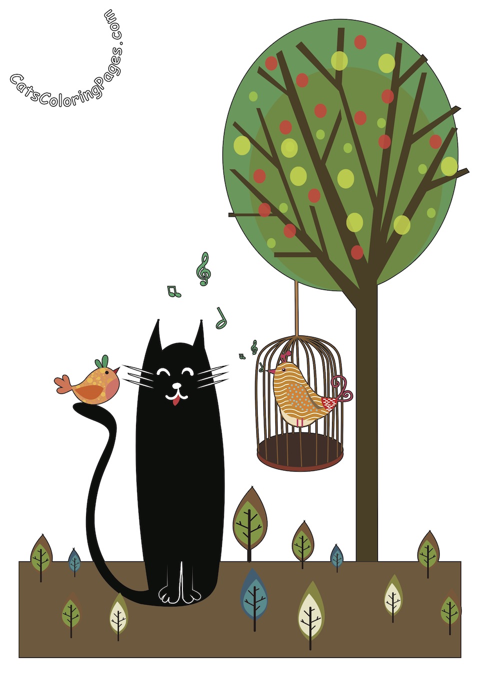 Black Cat with Singing Birds Colored Coloring Page