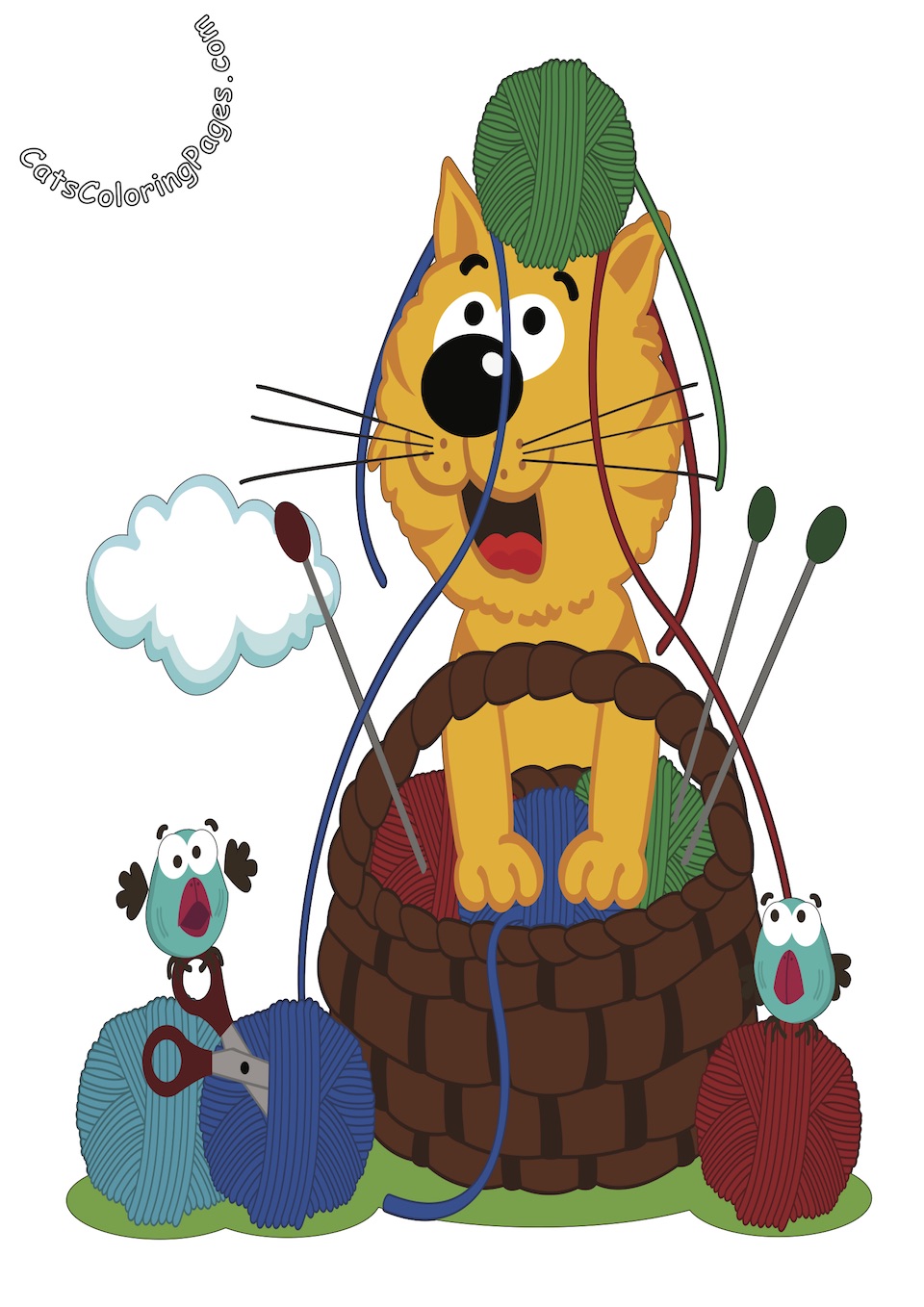 Cat Playing with Ball of Wool Colored Coloring Page