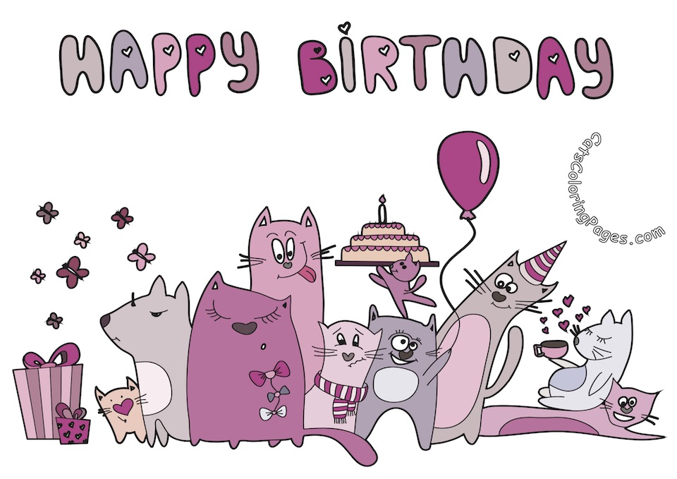 Cat Happy Birthday Card Colored Coloring Page