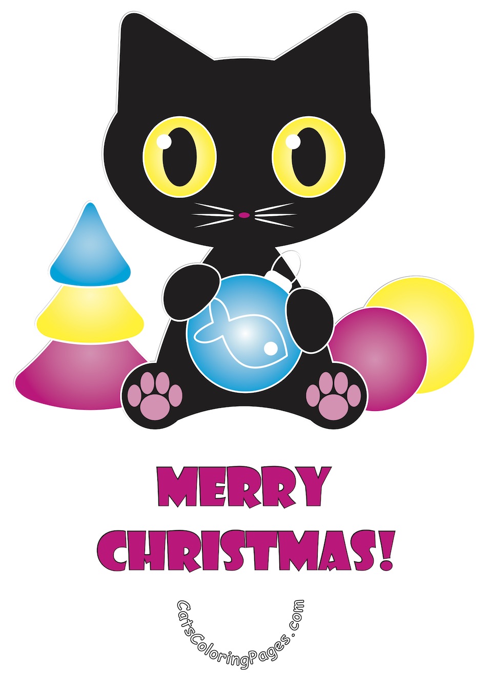 Merry Christmas Cat Card Colored Coloring Page