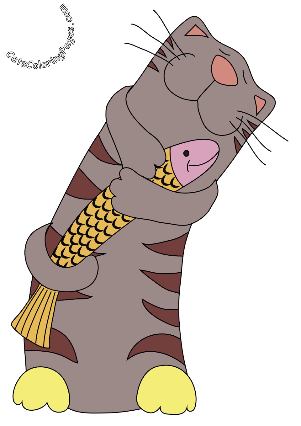 Cat with Fish Colored Coloring Page