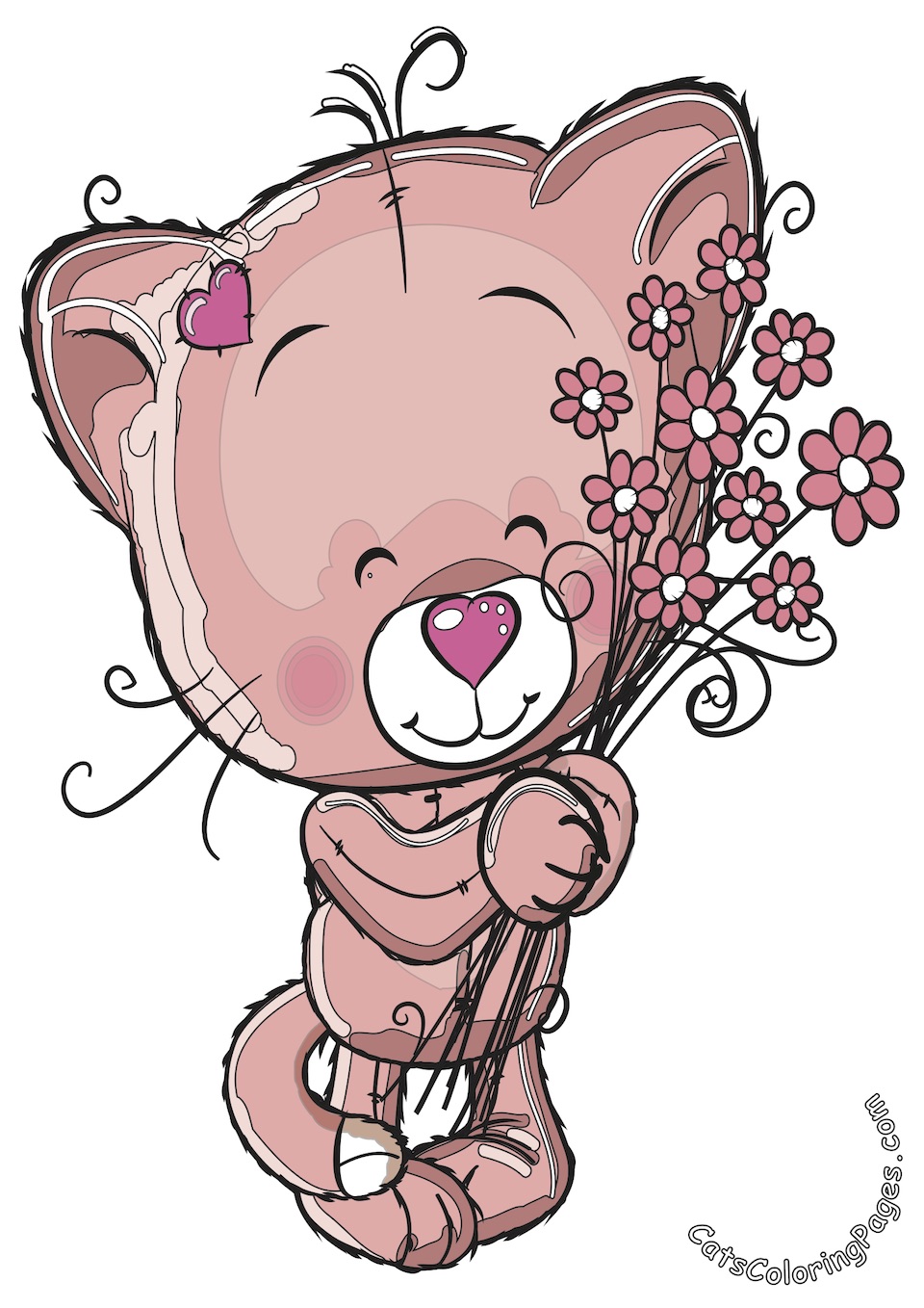 Cute Kitten with Flowers Colored Coloring Page
